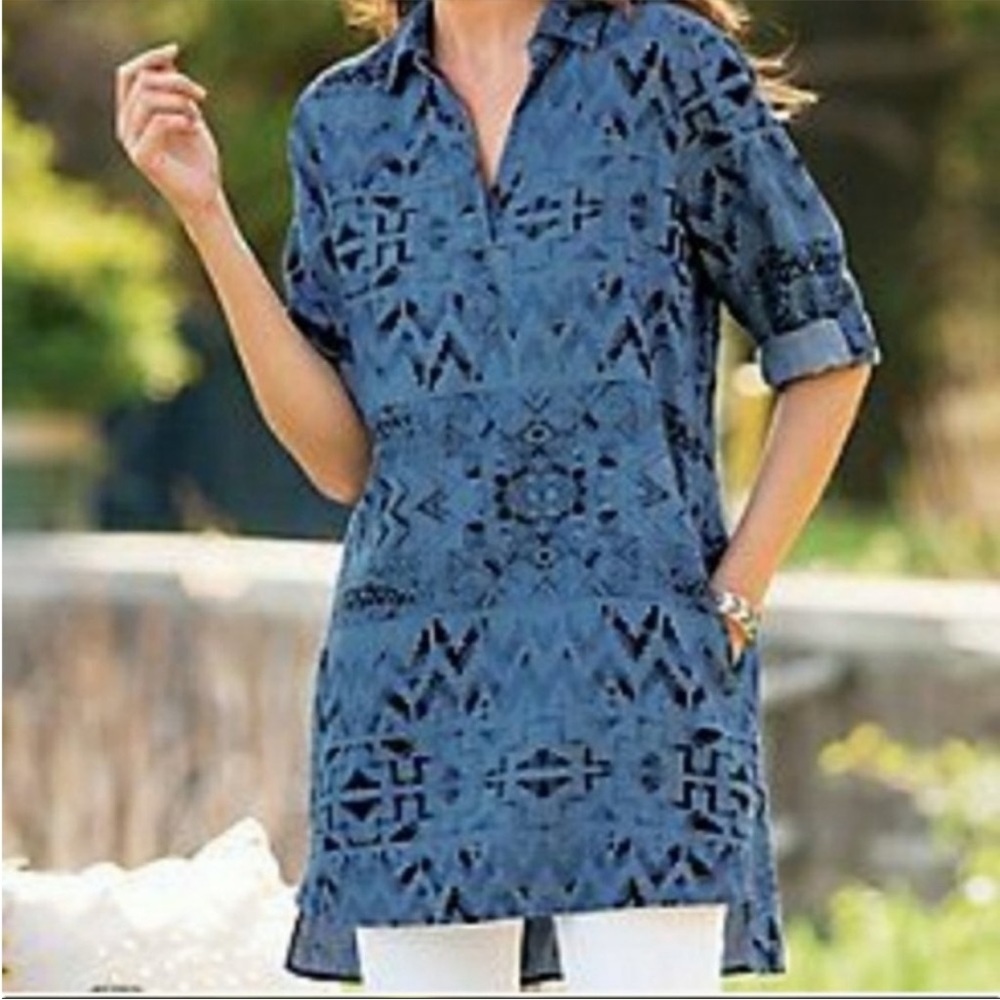 Soft Surroundings Chambray Tunic Pullover Shirt Aztec Southwestern Petite Small